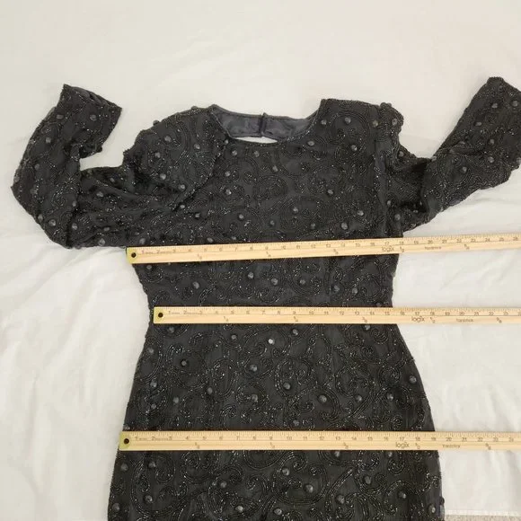 Vintage JOAN LESLIE Hollywood-Fairy-Tale Beaded Black Silk Sheath Dress Size 10. - Picture 15 of 16